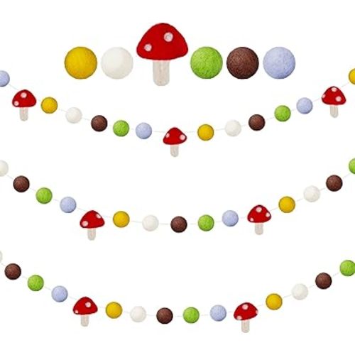 Tatuo 2 Pcs Felt Mushroom Garlands Pom Pom Garland Banner Mushroom Classroom Decor Hanging Baby Shower Decorations for Wedding Holiday Birthday Woodland Party Spring Summer Home School Office, 6.56 ft