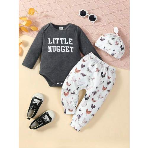 SHEIN Playful Pals Baby Boy Letter Graphic Bodysuit & Animal Print Sweatpants & Hat | SHEIN USA