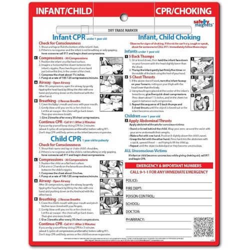 Infant and Child CPR and Choking Magnet - First Aid Quick Reference Card for Children - Emergency Phone Numbers - Laminated with Magnets, Marker - 8.5 x 11 in.