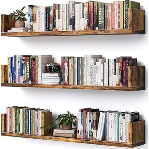 Wall Bookshelf, Set of 3, 36 Inches U Shaped Wall Shelves, Long Deep Floating Shelves, Large Floating Book Shelves - Wood Hanging Bookshelves for Kitchen, Bedroom