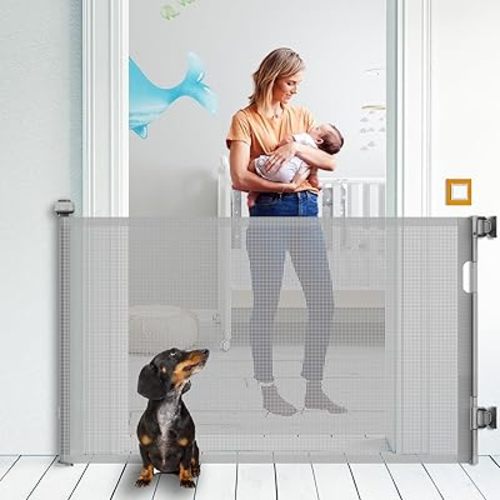 Retractable Baby Gate, Mesh Baby Gate or Mesh Dog Gate, 33" Tall Extends up to 55" Wide, Child Safety Gate for Doorways, Stairs, Hallways, Indoor/Outdoor (Grey, 86CMx140CM)