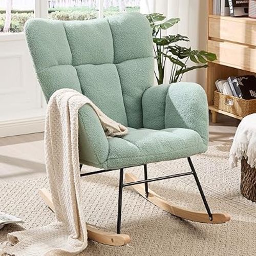 Nursery Rocking Chair, Teddy Upholstered Glider Chair with High Backrest, Tufted Rocker Glider Chair with Thick Cushion, Cozy Rocking Armchair, Rocker Padded Seat for Bedroom (Olive Green)