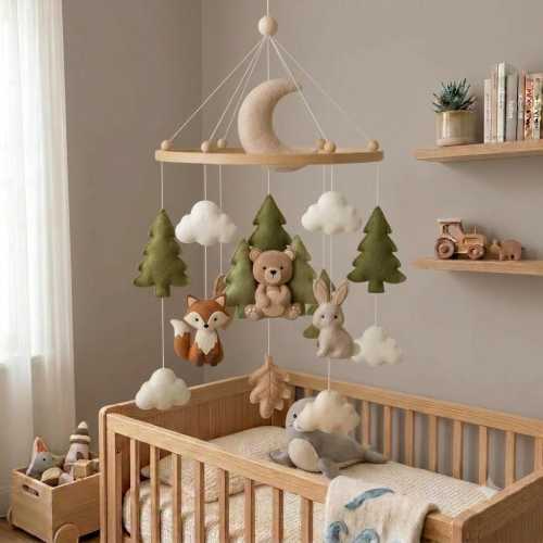 Woodland Baby Mobile, Felt Forest Crib Mobile, Fox Bear Bunny Nursery Decor, Moon Cloud Mobile, Newborn Gift, Handmade Baby Shower Gift