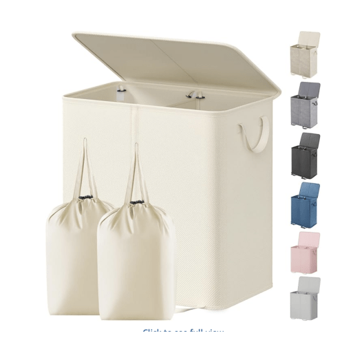 Lifewit Double Laundry Hamper with Lid and Removable Laundry Bags, Large Collapsible 2 Dividers Dirty Clothes Basket with Handles for Bedroom Laundry Room Closet Bathroom College, 136L Ivory White