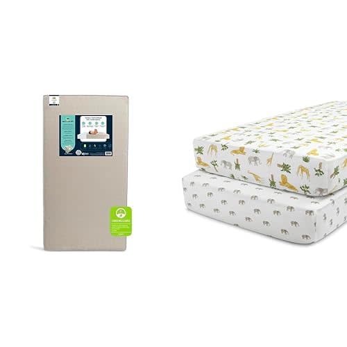 Delta Children Serta Perfect Start Limited Dual Sided Baby Crib Mattress and Toddler Mattress Fitted Crib Sheets for Girls and Boys (Pack of 2), Safari Friends (Bundle)