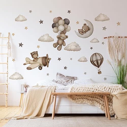 Teddy Bear Wall Decals - Cartoon Bear Air Balloon Star Moon Cloud Wall Stickers for Kids Room Girls and Boys Bedroom Baby Room Nursery Decoration (Coffee Brown Bear Wall Decal)