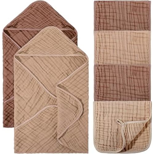 6 Pcs Muslin Hooded Baby Bath Towel and Washcloth Set,Brown, Coffee