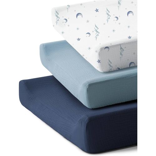 3 Pack Muslin Cotton Changing Pad Covers for Girl, Boy, 100% Soft Changing Table Cover, Breathable Baby Nursery Diaper Chang Pad Sheets (Nightfall Blue)