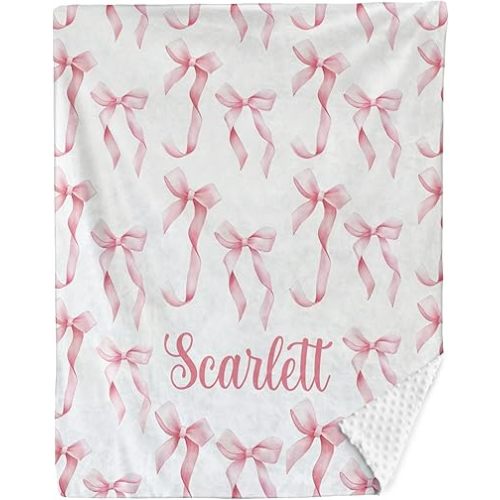 Bow Personalized Baby Blanket Custom Dotted Backing with Name 35x45in Nursery Blankets Gifts for Newborn Baby Girl, Soft Plush Newborn Holiday Shower Gift, Pink
