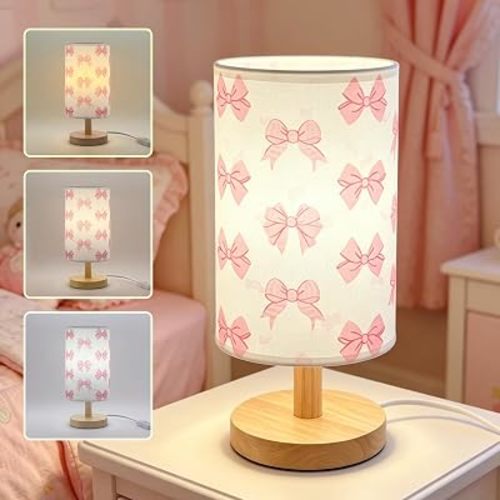 Pink Bow Bedside Table Lamp for Bedroom,Kids Room Decorative Lights 3 Colors LED Nightstand Night Light Lamps with Linen Lampshade Desk Lamp for Girls Boys Birthday Gifts for Home Living room Decor