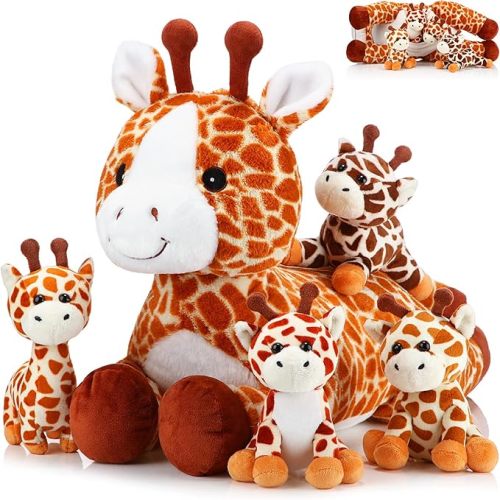 Honoson 5 Pcs Valentine Giraffe Stuffed Animals Set 18'' Large Mommy Giraffe Plush with 4 Cute Baby Zippered Tummy Softer for Kids Boy Girl Galentine New Year Birthday Favor Party(Grovel)