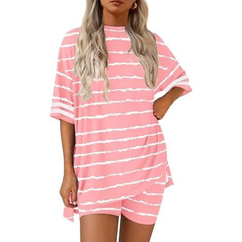 Ekouaer Womens Pajamas 2 Piece Lounge Set Casual Oversized Short Sleeve Tops Biker Shorts Set Comfy Pjs Outfits S-XXL