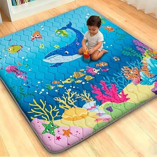 RONGFA Baby Play Mat for Floor, 71'' x 59'' Thicken Foam Soft Padded Mat for Baby, Playpen Mat for Toddlers Infant Kids, Machine Washable, Non-Slip Bottom Safe for Crawling (Sea)