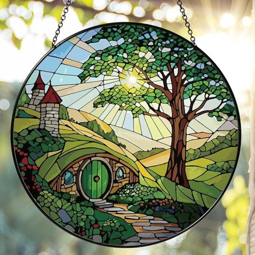 Shire Sun Catcher 7.87'' Stained Glass Window Hanging Gifts for Countryside Lover Women Scenery Wall Decor Handmade Sun Catcher Decoration for Home Garden Housewarming Gifts