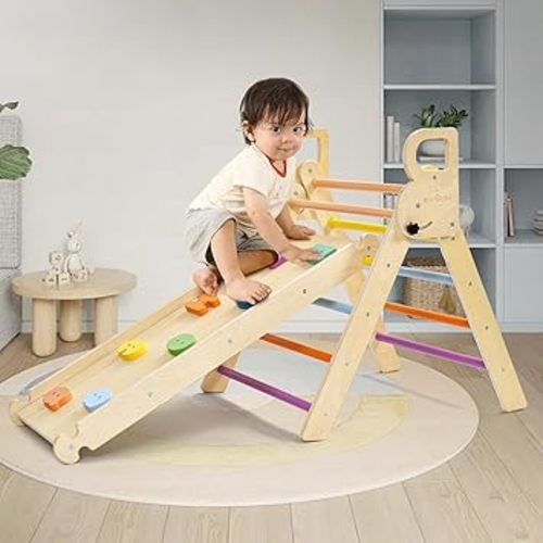 BlueWood Pikler Triangle Set 7in1 Foldable Baby Climbing Wooden Toys with Arch&Ramp&Ladder Climber Indoor Jungle Gyms for Toddlers - Rainbow