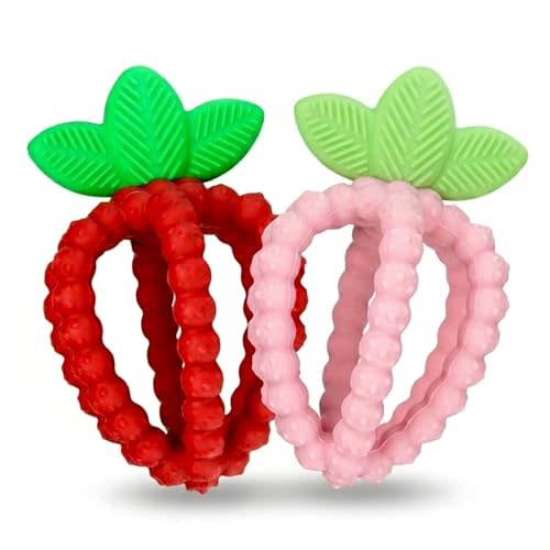 RaZbaby Silicone Infant & Baby Teething Toy, Textured BerryBumps Soothe Babies Sore Gums, RaZberry Bites Relief Teether, Back & Front Teeth, BPA Free, Fruit Shape for Babies 3M+ (Red & Pink)
