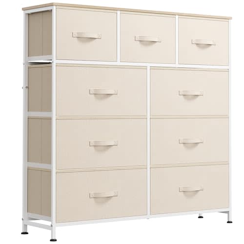 WLIVE 9 Drawer Dresser, Fabric Storage Tower for Bedroom, Hallway, Closet, Tall Chest Organizer Unit for Bedroom with Fabric Bins, Steel Frame, Wood Top, Easy Pull Handle, Cream White