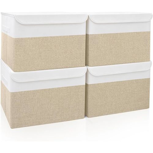 Large 22 Quart Linen Fabric Foldable Storage Bin Cube Organizer Basket with Flip-Top Lid & Handles, Clothes Blanket Box for Home, Office, Closet, Beige & White, 4 Pack 14.6 x 9.5 x 9.5”