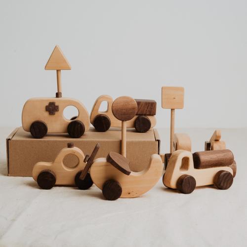 Handmade Wooden Car Toy Set: Montessori Truck, Bus, Helicopter
