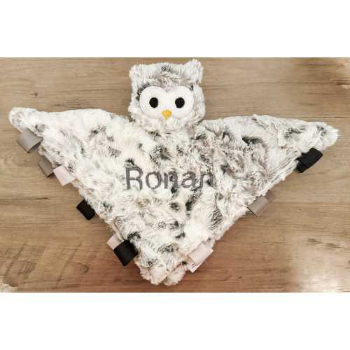 Handmade personalized snowy owl lovey / bird owl baby shower gift / embroidered name / cute minky tag crinkle toy / gender neutral infant