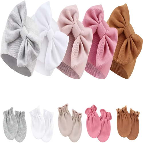 TELOLY Newborn Baby Girls Hats Mittens Set Hospital Hat Beanie Infant Bow Hats Baby Cotton Gloves No Scratch Mittens