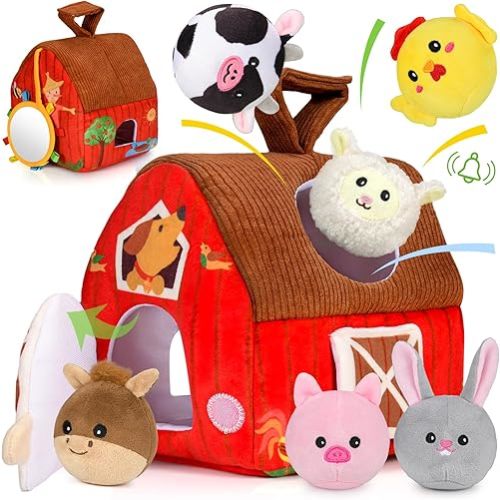 Aojieni Baby Toys 6-12 Months: Plush Surprise Barn with Stuffed Farm Animals, Rattle, Crinkle Paper, Mirror, Busy Montessori Toys for Babies, Infant, Newborn, Sensory Toys for Toddlers 1-3