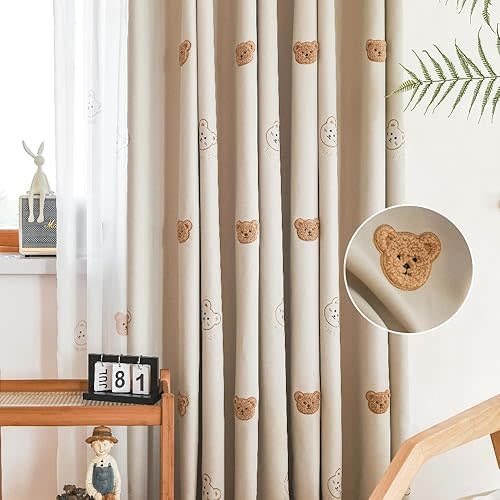 Cartoon Bears Kids Blackout Curtains for Babys Bedoom Living Room Grommet Top Beige Embroidery 3D Bear Darkening Curtain for Nursery Baby Room 1 Panel (W52 L84 inch,Beige)