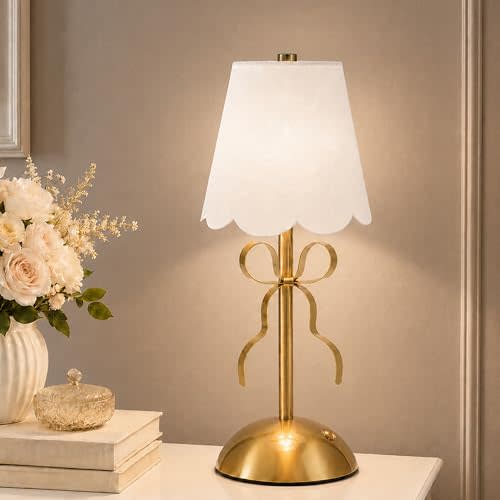 Cordless Small Table Lamp,Cute Led Desk Lamp,Gold Bow Lamp | 3 Color Modes,Stepless Dimming,Fabric Shade,Touch Battery Operated Lamp for Bedroom Living Room Nursery Decor