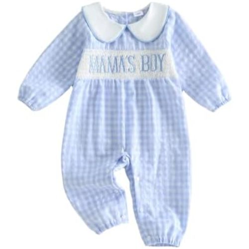 Mama's Boy Baby Clothes Cotton Linen Gingham Plaid Romper
