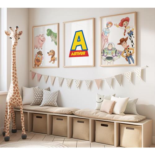 Set of 3 Toy Story Personalized Wall Art, Custom Name Nursery Decor, Woody Buzz Jessie Rex Prints, Kids Bedroom Playroom Wall Art