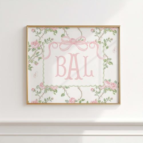Floral Chinoiserie Art Print, Custom Nursery Monogram, Pink Butterflies, Grand Millennial, Coquette, Personalized Nursery Wall Art, Coquette