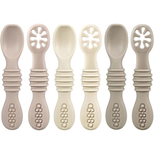 PandaEar Silicone Baby Spoons Self Feeding 6 Months| 6 Pack Baby Feeding Spoons| Toddler Infant led Weaning Spoon| Kid Spoon Ustensile Bebe (Beige/Tan/Brown)