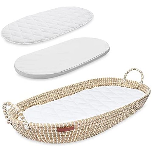 Baby Changing Basket with Foam Pad | Free Luxury Waterproof Diaper Pad & Soft Quilted Liner | Handmade Seagrass Newborn Wicker Basket by Nouella