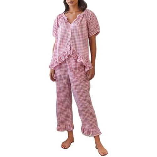 KMBANGI Women Y2K Plaid Pajama Sets Ruffle Hem Gingham Short Sleeve Shirt High Waist Bell Bottom Pants Lounge Sets