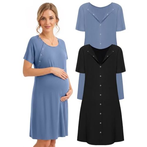 2 Pack Labor and Delivery Gown 3 in 1 Maternity Nursing Hospital Nightgown | Button Down Breastfeeding Nightgown, Lightweight Open Back Birthing Gown, Short Sleeve Round Neck Gown, Best Gift for Mom