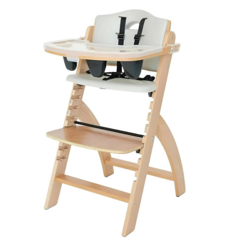 Abiie Beyond Junior Wooden High Chair with Tray - Adjustable and Convertible High Chair for Babies and Toddlers - 6 Months to 250 Lb - Water Resistant - Natural Wood/Dove Grey Cushion