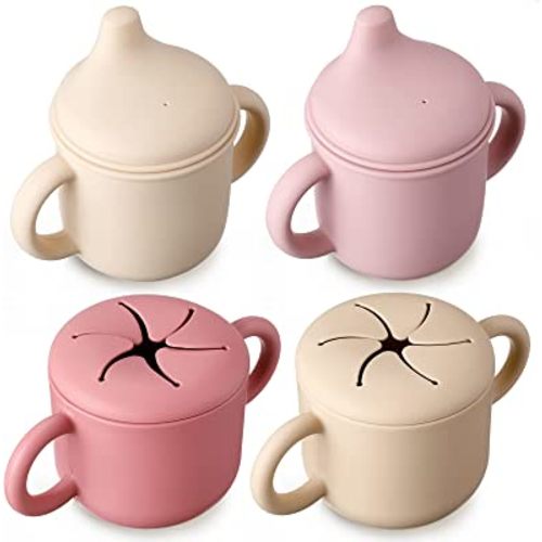 Didaey 2 Pcs Silicone Snack Cup and 2 Pcs Silicone Sippy Cups for Baby Kids Toddlers Spill Proof Food Container Toddler Training Cup with Handles Spout Lid Non Spillable Cereal Keeper (Cute Color)