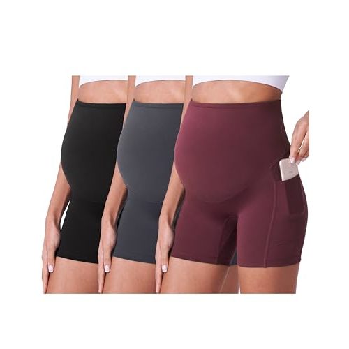 POSHDIVAH 3/4 Pack Maternity Biker Shorts Over The Belly Summer Pregnancy Yoga Active Workout Athletic Short Pants 5"/8"