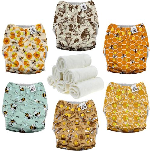 Mama Koala 3.0 Pocket Cloth Diapers for Babies with AWJ Lining, 6 Pack with 6 4-Layer Natural Cloth Diaper Inserts - Reusable and Washable Pocket Diapers(Hardworking Bees)