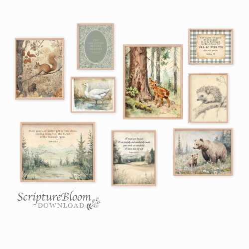 Vintage Woodland Animal Bible Verse Prints: Christian Baby Room, Nursery Wall Art