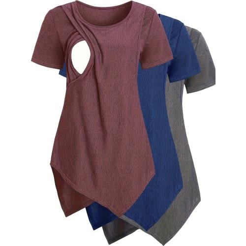 XXL [3pcs Nursing T-Shirts] 3pcs Women's Maternity Nursing T-Shirts | Short Sleeve, Asymmetrical Hem, Stretchy Blend, Crew Neck, Solid Colors | Summer Wear, Comfortable & Stylish, Maternity Clothe