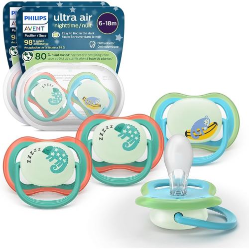 Philips Avent Ultra Air Nighttime Pacifiers - Orthodontic Design, for Babies 6-18 Months, Glow in The Dark, Soft Silicone Symmetrical Nipple, BPA-Free, with 2 Sterilizing Cases, 4 Pack, SCF376/36