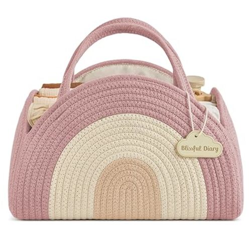 Blissful Diary Baby Diaper Caddy Organizer, Cotton Rope Diaper Caddy Basket, Large Storage Basket for Newborn Boys and Girls, Gift for Baby Shower List, Newborn Essentials, Blush Rainbow