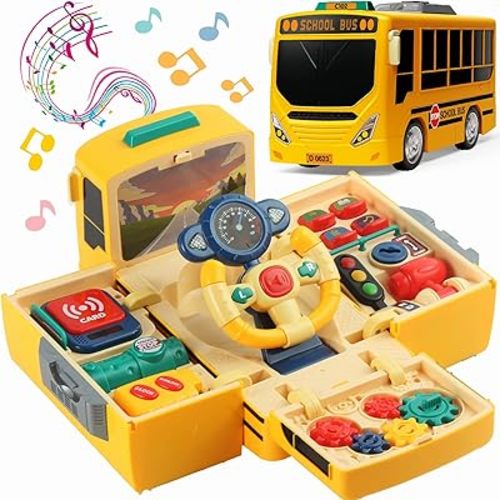 HONGTUO School Bus Toy with Sound and Light, Simulation Steering Wheel Toy
