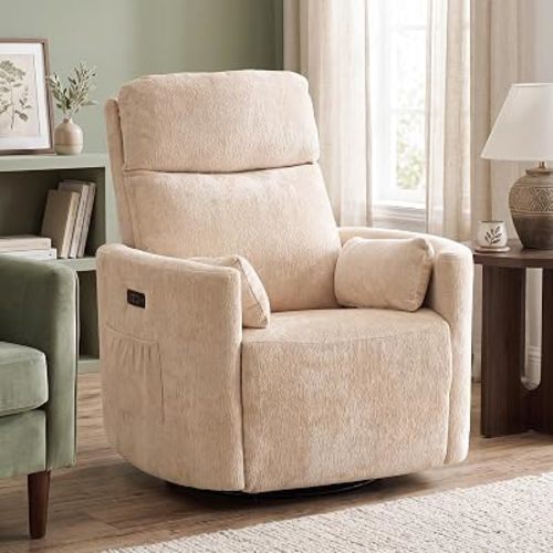 Oversized Power Recliner with Massage and Heat，Rocking Chair Nursery with Adjustable Headrest,Swivel Rocker Recliner with 2 Pillows for Living Room，Beige