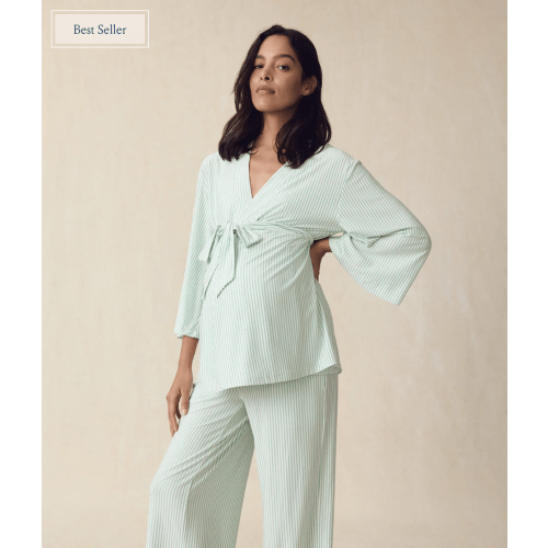 LAKE | Women | DreamModal® Pajamas | Parisian Green Pencil Stripe Maternity Kimono Bundle
