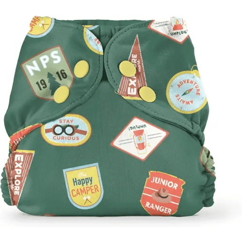 Esembly Cloth Diaper Outer, Waterproof Swim Cloth Diaper Cover, Leak-Proof and Breathable Layer Over Prefolds, Flats or Fitteds, Reusable with Snap Closure - Size 2, Adventure Badges