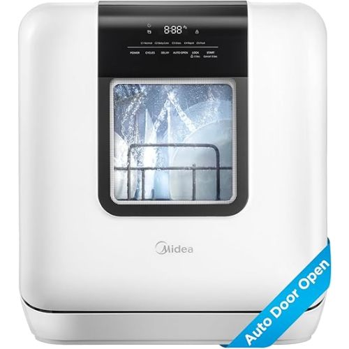 Midea Countertop Dishwasher Portable with 6L(1.59G) Built-in Water Tank, 5+2 Programs, Baby Care, Auto Door Open, Dual Drying System, Energy-Saving and Odor Removal, for Apartments, Dorms& RVs, White