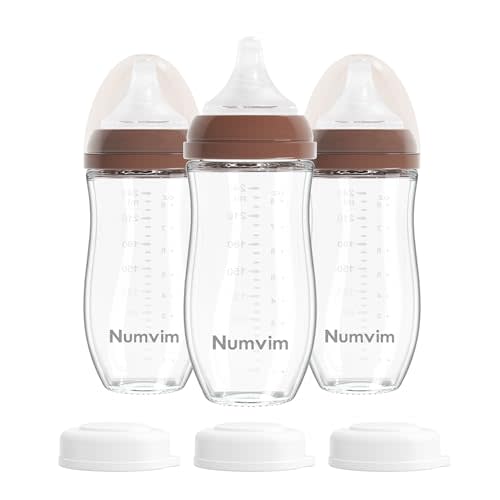 Numvim Natural Glass Baby Bottles Gentle & Extra Slow Flow, Newborn Breastfeeding Bottle with Anti Colic Nipple for 0 Months Babies, 3 Packs (Brown (8 Ounce), 1 Count (Pack of 3))