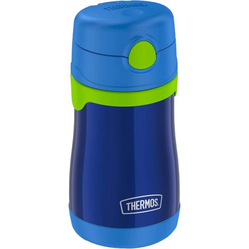 Thermos Baby 10 oz. Stainless Steel Bottle with pop-up straw, Navy with Lime